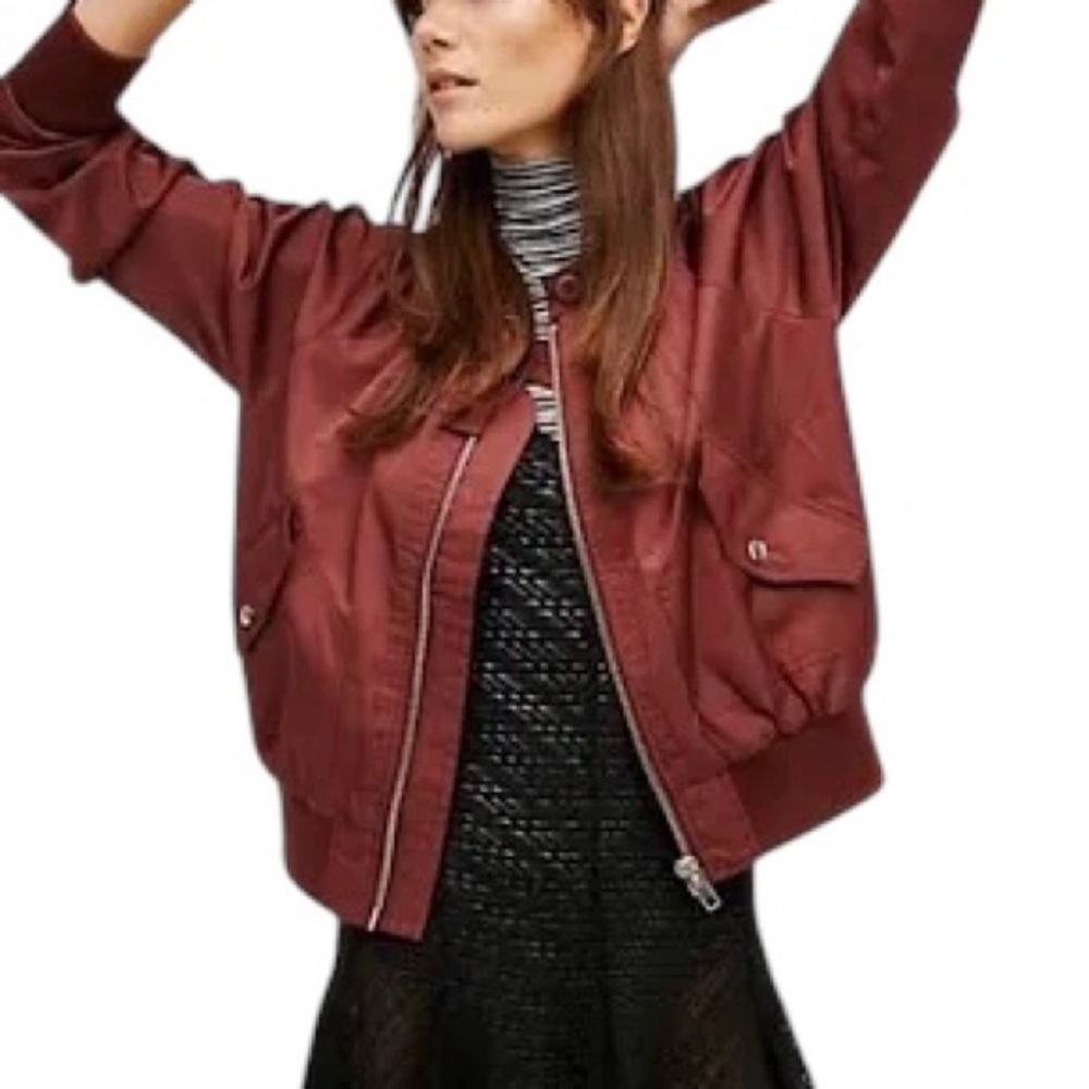 NWOT Free People Midnight Satin Bomber Jacket XS Burgundy Lightweight